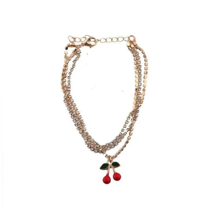 Layered Crystal Cherry Anklet – Gold & Silver Rhinestone Ankle Bracelet Charm (DBE-2852)