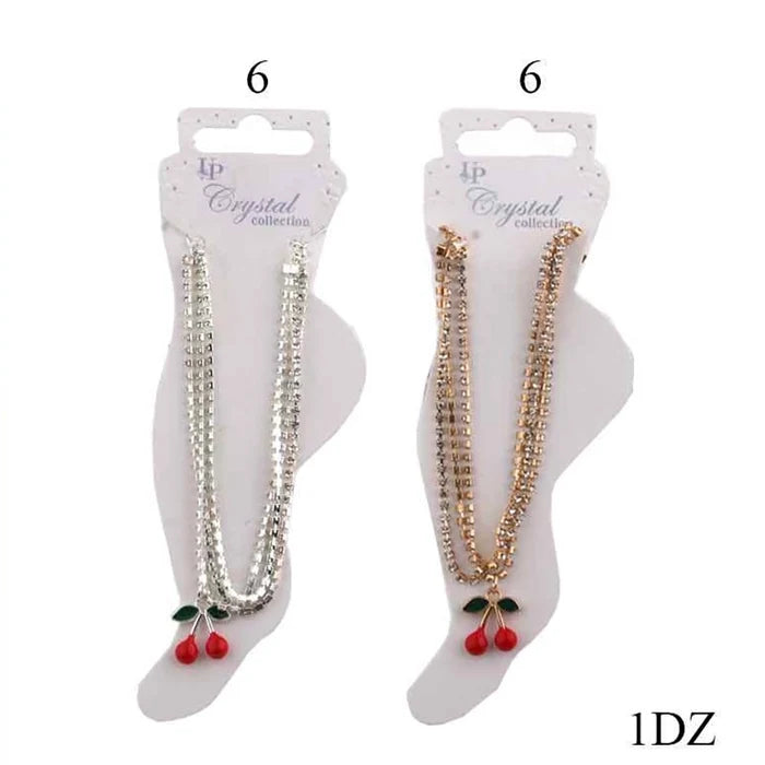 Layered Crystal Cherry Anklet – Gold & Silver Rhinestone Ankle Bracelet Charm (DBE-2852)
