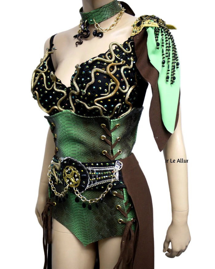 Medusa Snake Charmer Greek Goddess Necklace Bra Corset and Skirt Costume