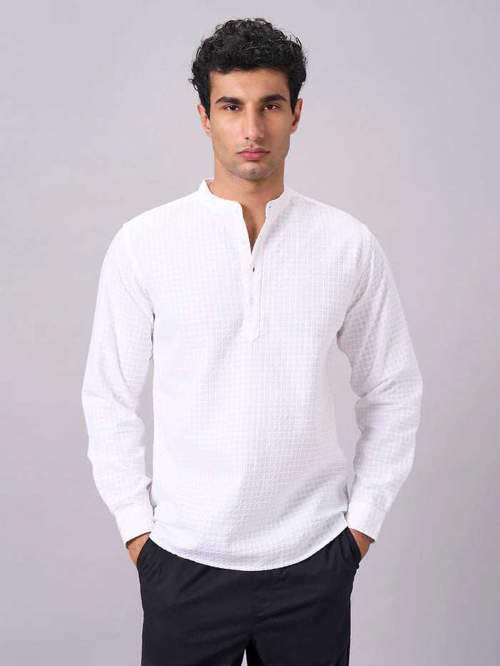 Men's 100% Cotton Band Collar Regular Fit Shirt White