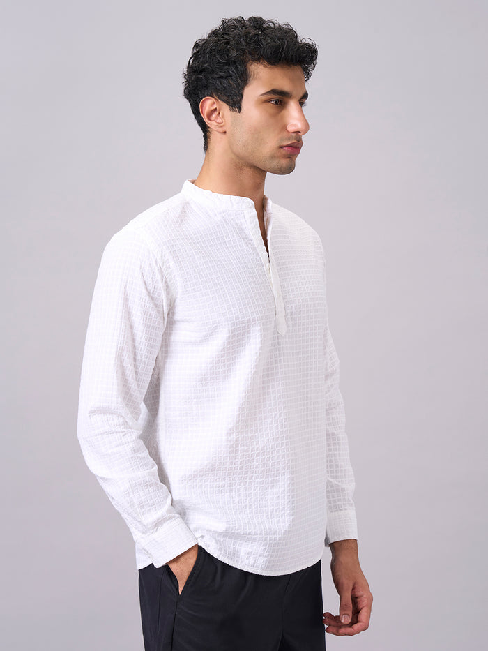 Men's 100% Cotton Band Collar Regular Fit Shirt White