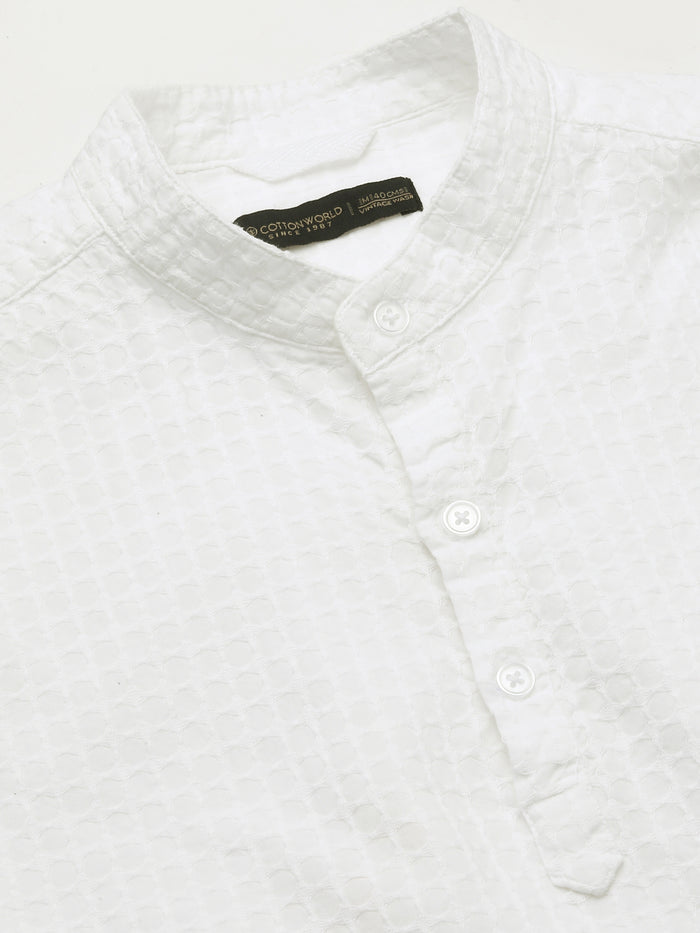 Men's 100% Cotton Band Collar Regular Fit Shirt White