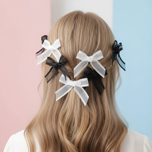 Mini Organza Ribbon Bow Hair Clips Set – Sheer Mesh Ribbon Bowknot Alligator Clips for Girls and Women, Y2K Coquette Hair Accessories (Black & White Packs) (BW03BW)
