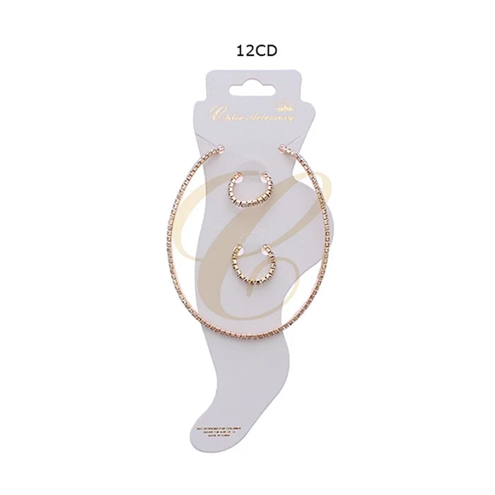 Minimalist Crystal Rhinestone Choker Necklace & Matching Hoop Earrings Set (3-Piece) (RAK-0154GC)