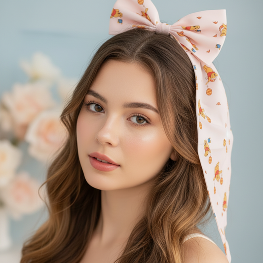 Oversized Cute Bear Print Hair Bow Clips with Long Streamers – Large Ribbon Hair Bows for Women & Girls (32cm) (RBW-1341R)