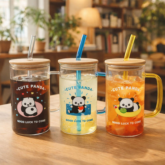 Cute panda glass tumbler with bamboo lid and glass straw – Home Hatch Pakistan
