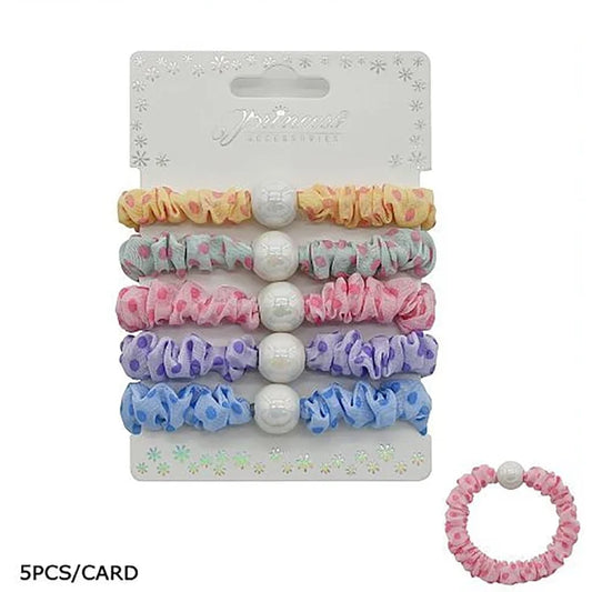 Pastel Scrunchies Set with Beads, Polka Dot Hair Elastics, Cute Ruffle Hair Ties for Girls and Women, No-Damage Hair Accessories Packs (HS-10776S)