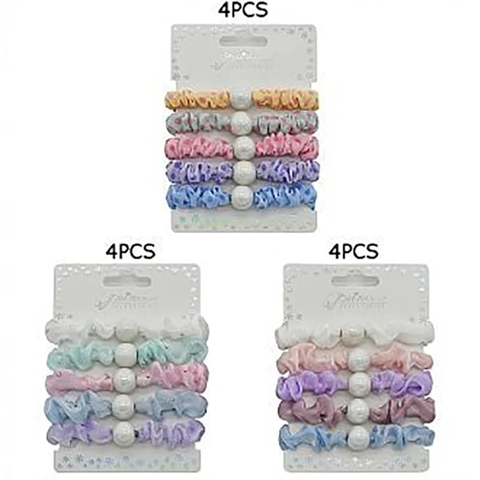 Pastel Scrunchies Set with Beads, Polka Dot Hair Elastics, Cute Ruffle Hair Ties for Girls and Women, No-Damage Hair Accessories Packs (HS-10776S)