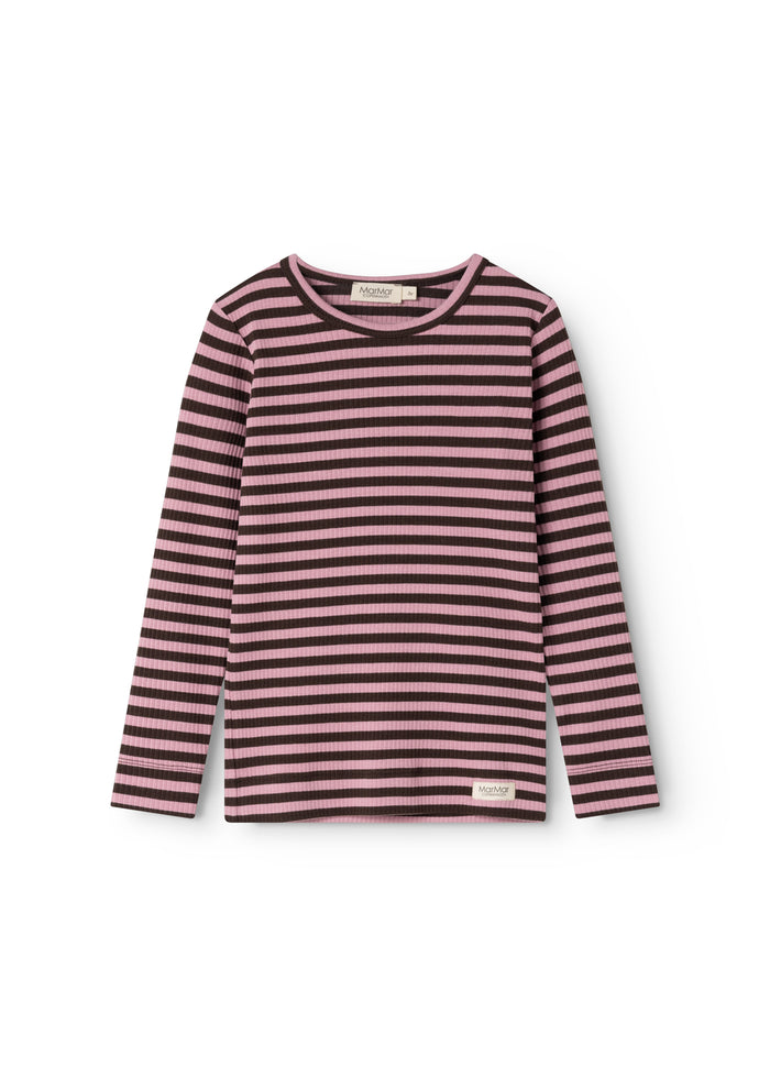 Long-sleeve t-shirt with horizontal stripes in pink and dark, round neck and long sleeves