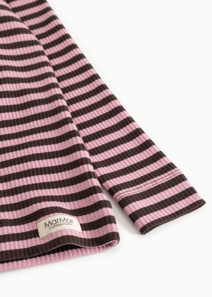 Long-sleeve t-shirt with horizontal stripes in dark and pink; visible sleeve finish.