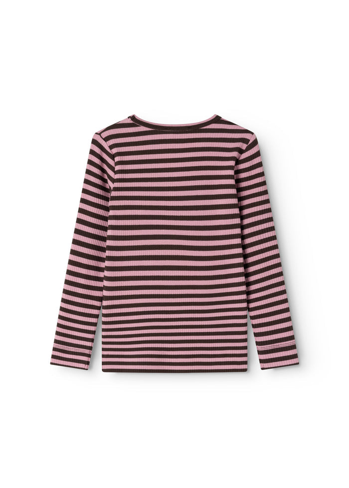 Long-sleeve t-shirt with horizontal stripes in pink and dark, round neckline and long sleeves.