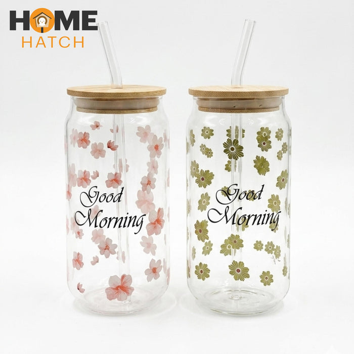 premium floral good morning glass tumbler with bamboo lid and straw aesthetic drinkware – Pakistan