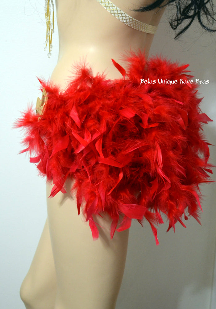 Red and Gold Bow Sequin Feather Bustle Skirt