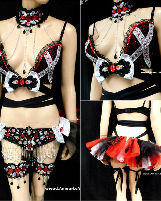 Red Black and Silver Plunge Goth Cross Bra Chain Necklace and Tutu Bustle