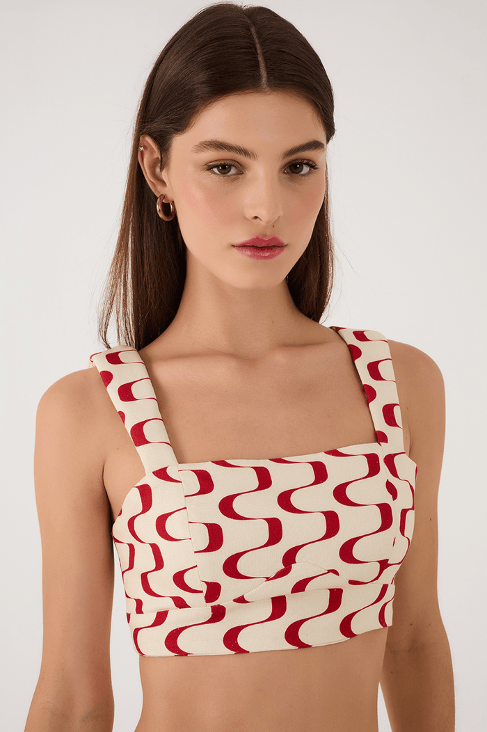 Red Copanema Square Neck Smocked Sleeveless Crop Top_4