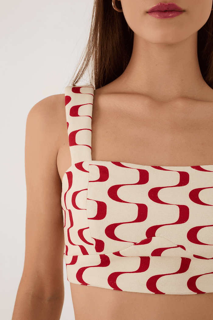 Red Copanema Square Neck Smocked Sleeveless Crop Top_5