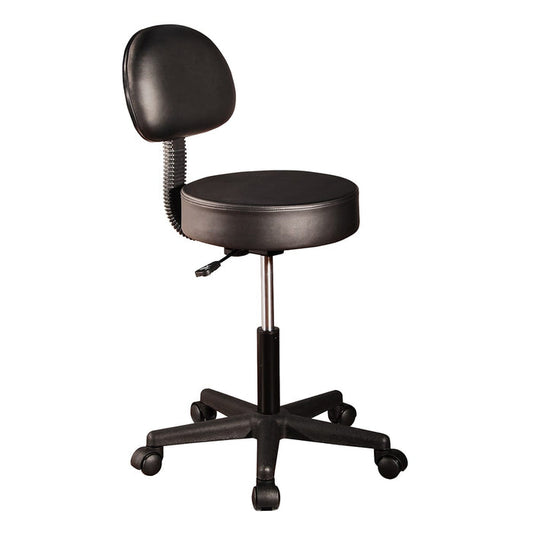 Rolling massage stool with back support Adjustable height rolling massage stool Black massage stool with wheels Treatment room stool with back support Rolling clinic stool with 15 inch seat Massage stool with 3 inch foam cushion