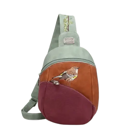 rugzak, slingbag "Tjirp", groen/ cognac/ paars