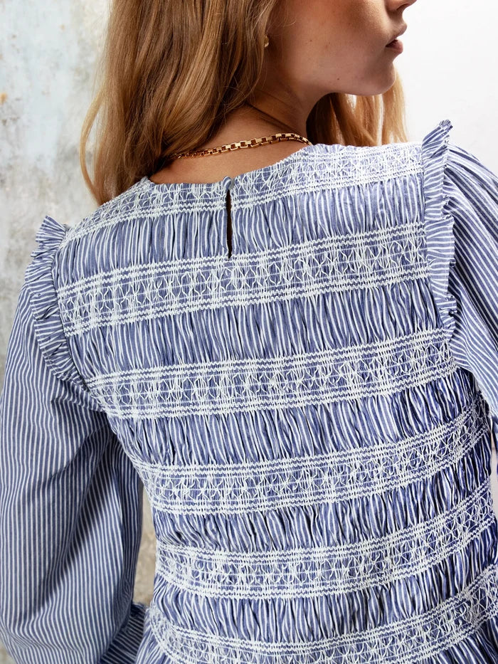 Shirred Embroidered Striped Cotton Blouse