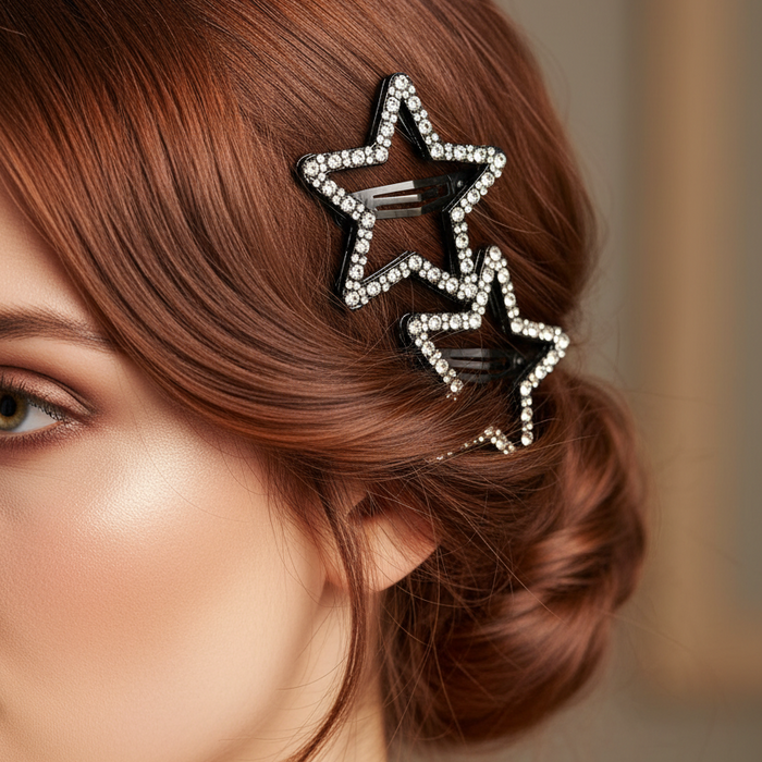 Sparkly Rhinestone Star Hair Clips (2-Pack) | Hollow Cutout Star Hair Barrettes & Duckbill Clips for Girls, Teens, and Women (6cm) (TK-1197S)