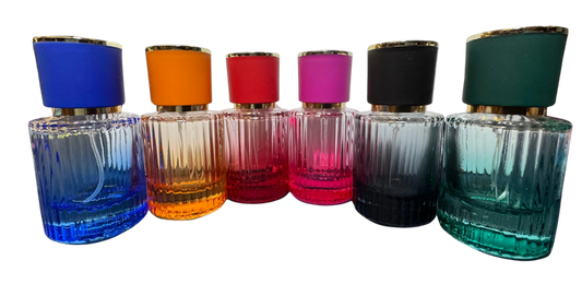 blue, orange, red, pink, black, and green cologne bottles