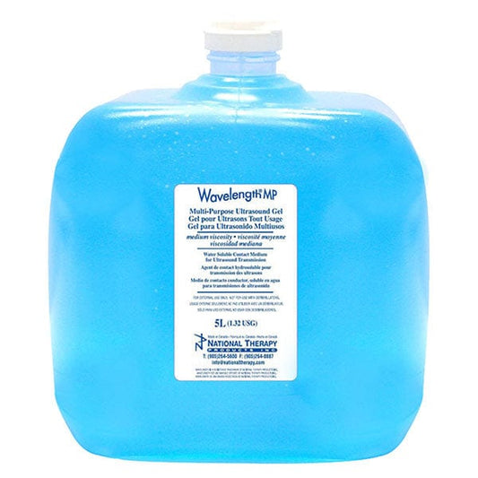 Wavelength multi-purpose ultrasound gel bottle; medium-viscosity conductive ultrasound gel; 5 litre ultrasound gel with empty dispenser bottle; 250 ml Wavelength ultrasound gel; water-soluble diagnostic imaging gel; therapeutic ultrasound conductive gel
