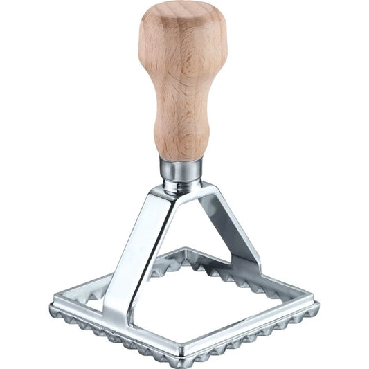 Metallic square-shaped Pasta Cutter with wooden handle on a white background.