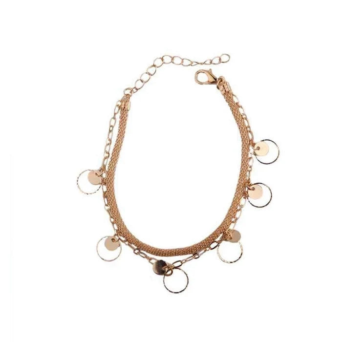 Wholesale Layered Anklets with Circle Dangles – 12 PCS/DZ Bulk Fashion Foot Jewelry Set, Mixed Gold & Silver (DBE-2853)
