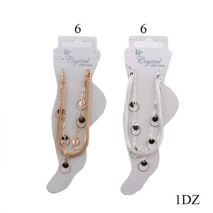 Wholesale Layered Anklets with Circle Dangles – 12 PCS/DZ Bulk Fashion Foot Jewelry Set, Mixed Gold & Silver (DBE-2853)