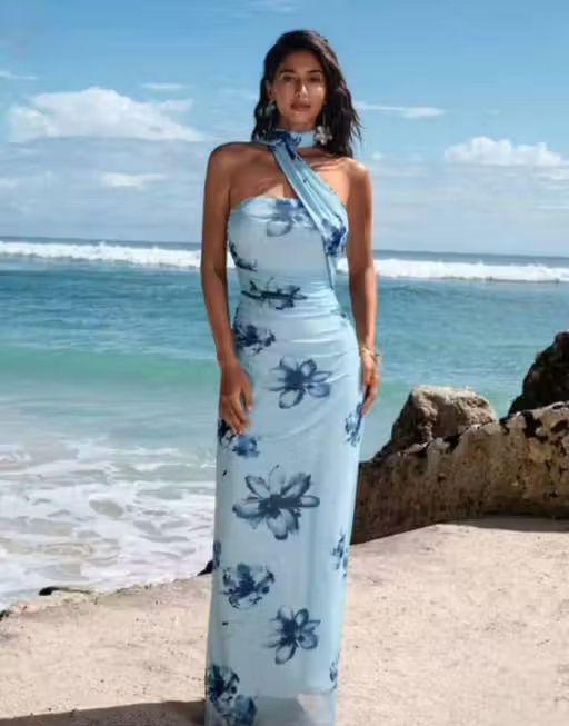 WIND Women's Elegant Blue Printed Lycra Maxi Dress – Sleeveless Party Dress