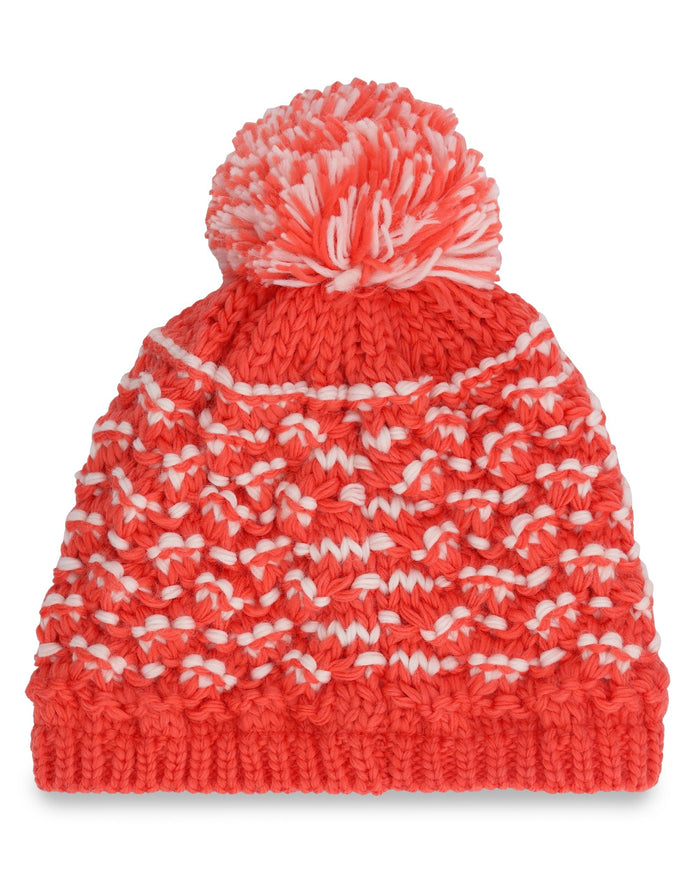 Red knitted beanie with a white pom-pom on a white background
