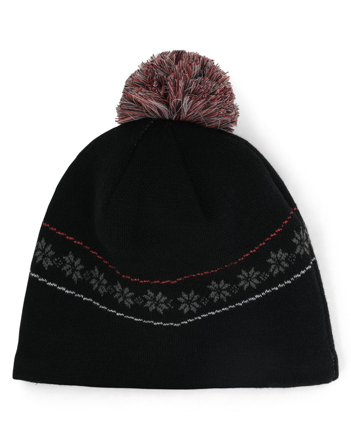 Black beanie with a patterned band and pom-pom on a white background
