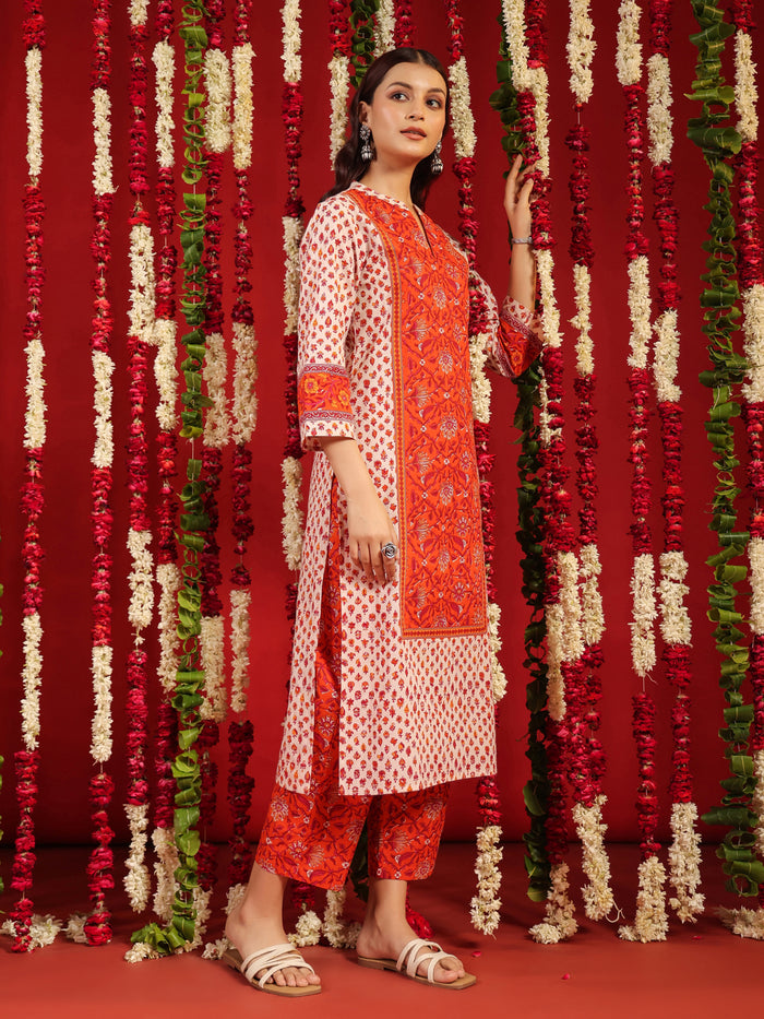 Women's Orange & White Printed Cotton Suit Set