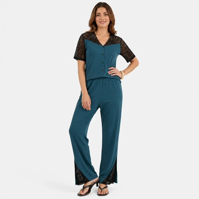 Women's Teal Lace Jersey Cotton Night Suit – Soft Regular Fit