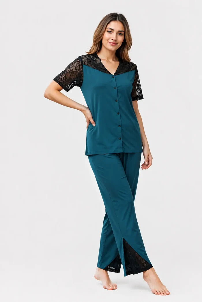 Women's Teal Lace Jersey Cotton Night Suit – Soft Regular Fit - Hinz Clothing
