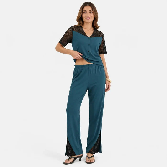 Women's Teal Lace Jersey Cotton Night Suit – Soft Regular Fit - Hinz Clothing