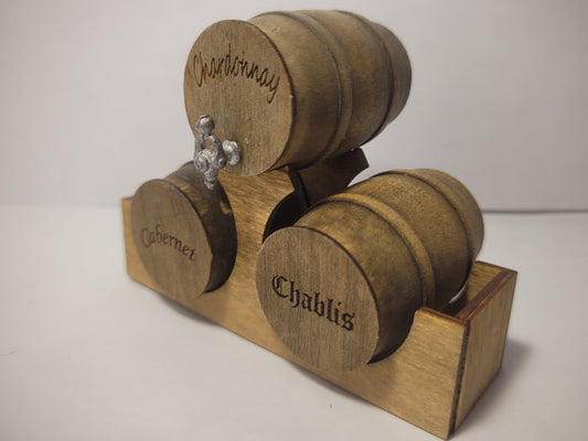 Wooden Barrel Display Stand - Medium - Chardonnay, Cabernet, and Chablis Barrels on Wood Holder